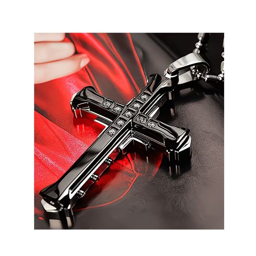 Rugged Cross Pendant Necklace Black & Silver Unisex Industrial NWT